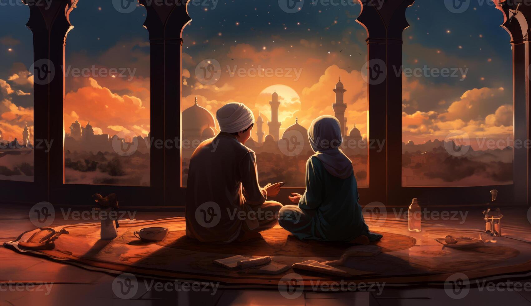 Muslim couple in traditional attire engaged in prayer, illuminated by sunlight streaming through the window, embodying devotion and spirituality.Generated image photo