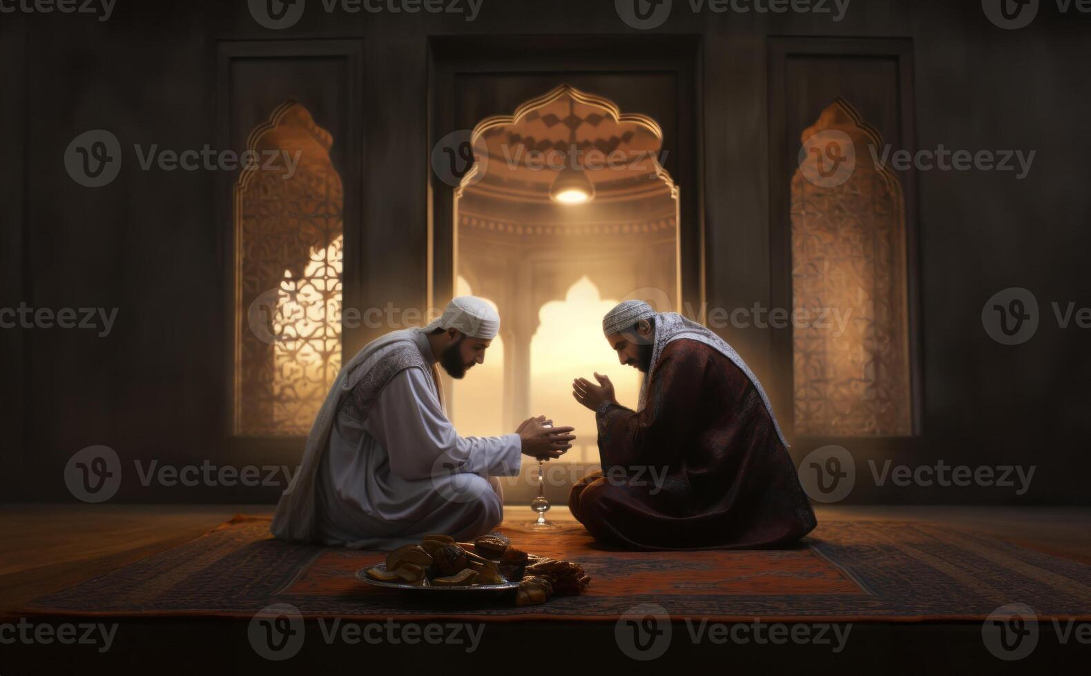 Muslim couple in traditional attire engaged in prayer, illuminated by sunlight streaming through the window, embodying devotion and spirituality.Generated image photo