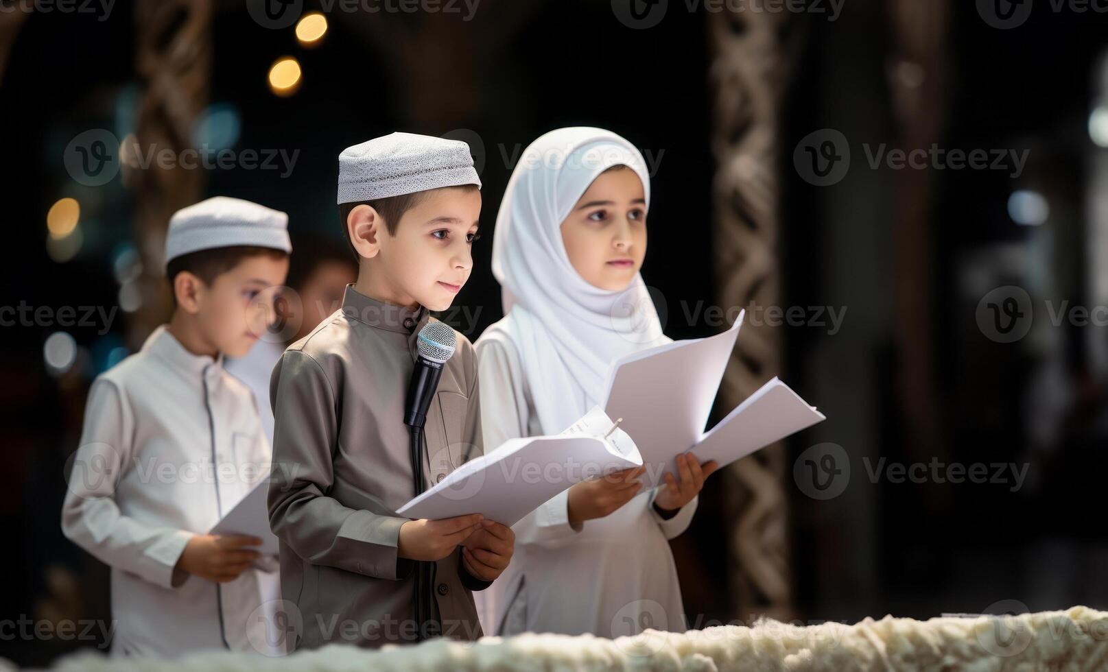 Closeup of Muslim children in elegant attire reciting the Quran, showcasing their devotion and cultural heritage..Generated image photo