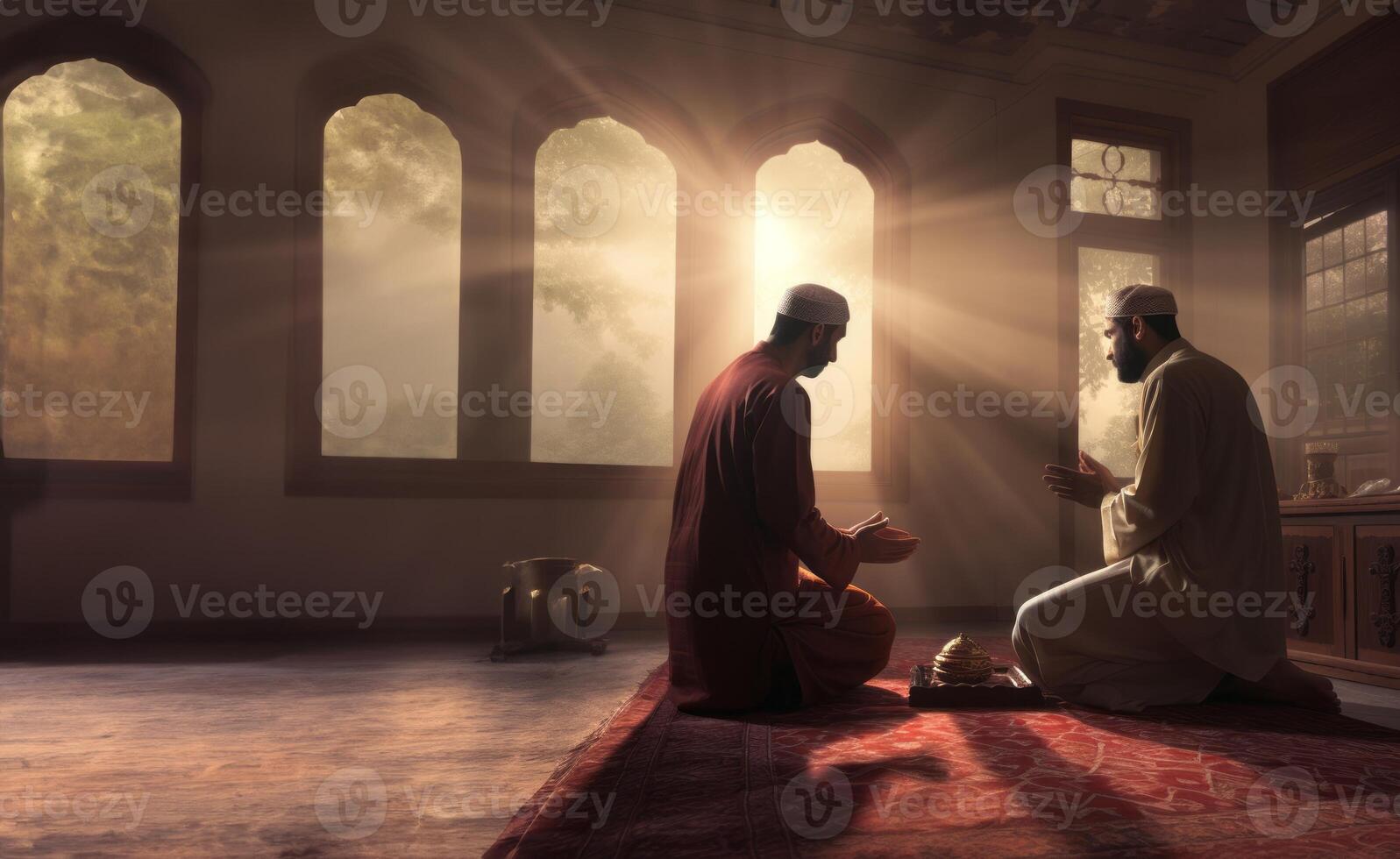 Muslim couple in traditional attire engaged in prayer, illuminated by sunlight streaming through the window, embodying devotion and spirituality.Generated image photo