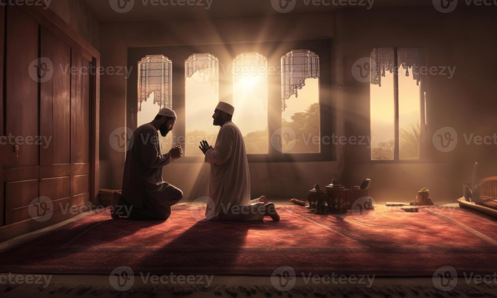 Muslim couple in traditional attire engaged in prayer, illuminated by sunlight streaming through the window, embodying devotion and spirituality.Generated image photo