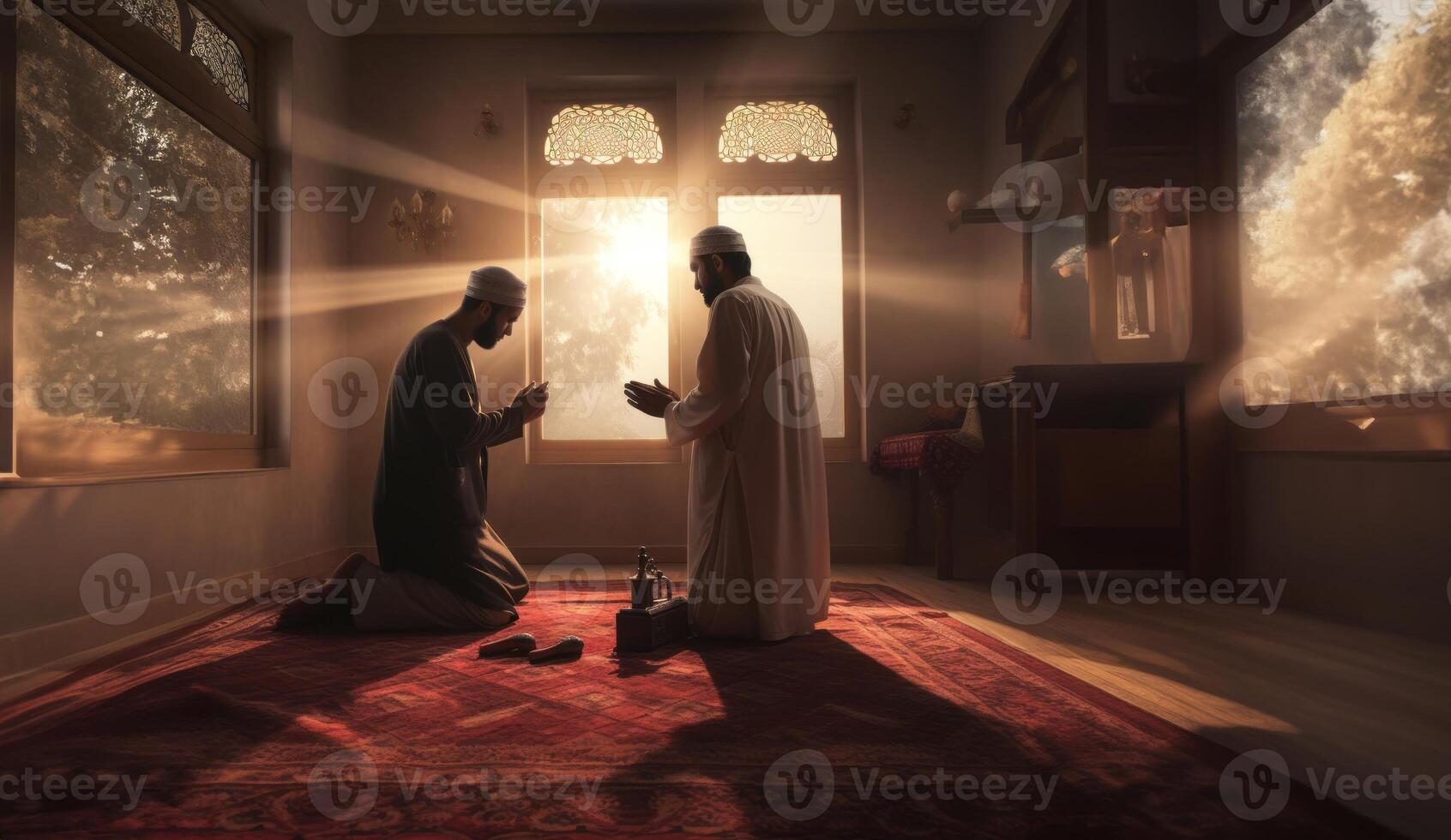 Muslim couple in traditional attire engaged in prayer, illuminated by sunlight streaming through the window, embodying devotion and spirituality.Generated image photo