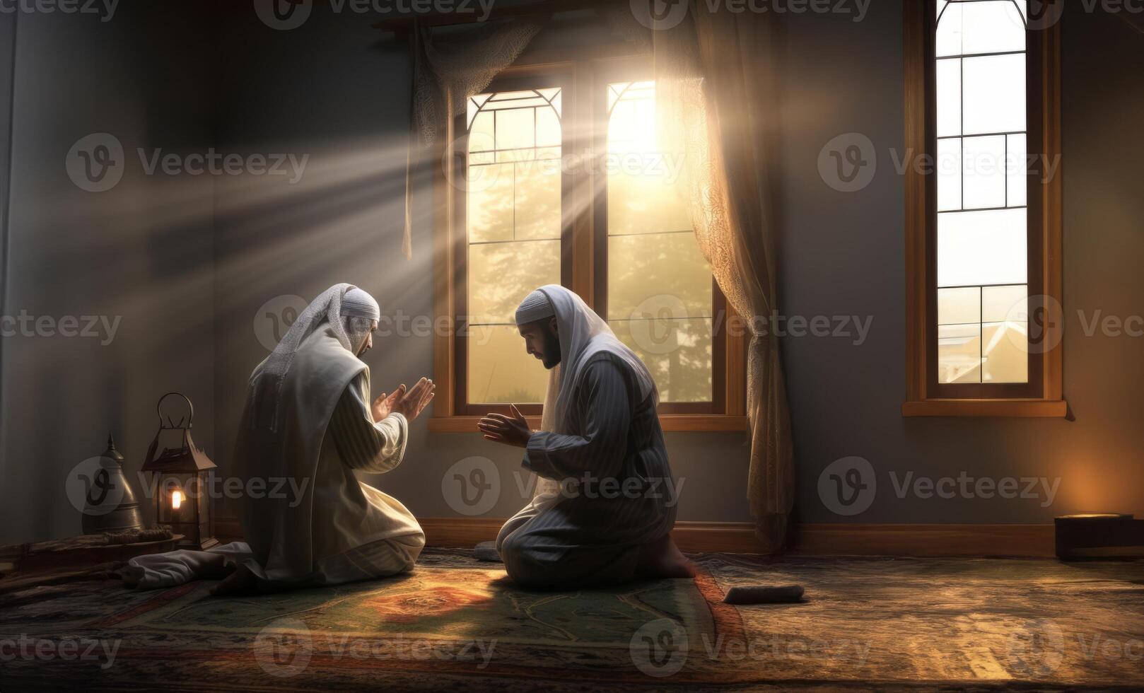 Muslim couple in traditional attire engaged in prayer, illuminated by sunlight streaming through the window, embodying devotion and spirituality.Generated image photo