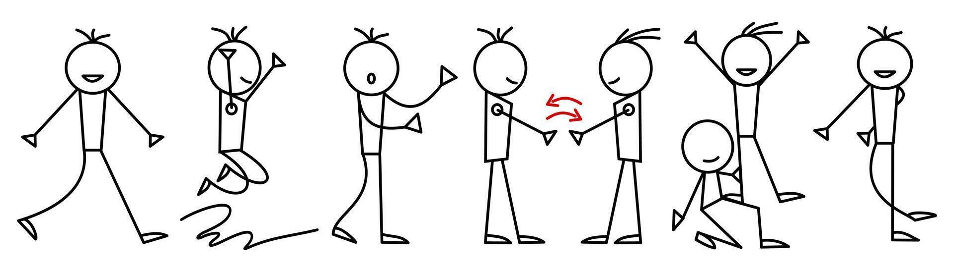 Set of different poses of stickman. cartoon hand drawn of human figure suitable for pictogram. vector