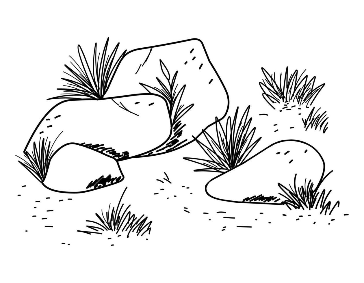 Hand drawn sketch of grass and stones in black and white. Vintage artwork or classic image. vector