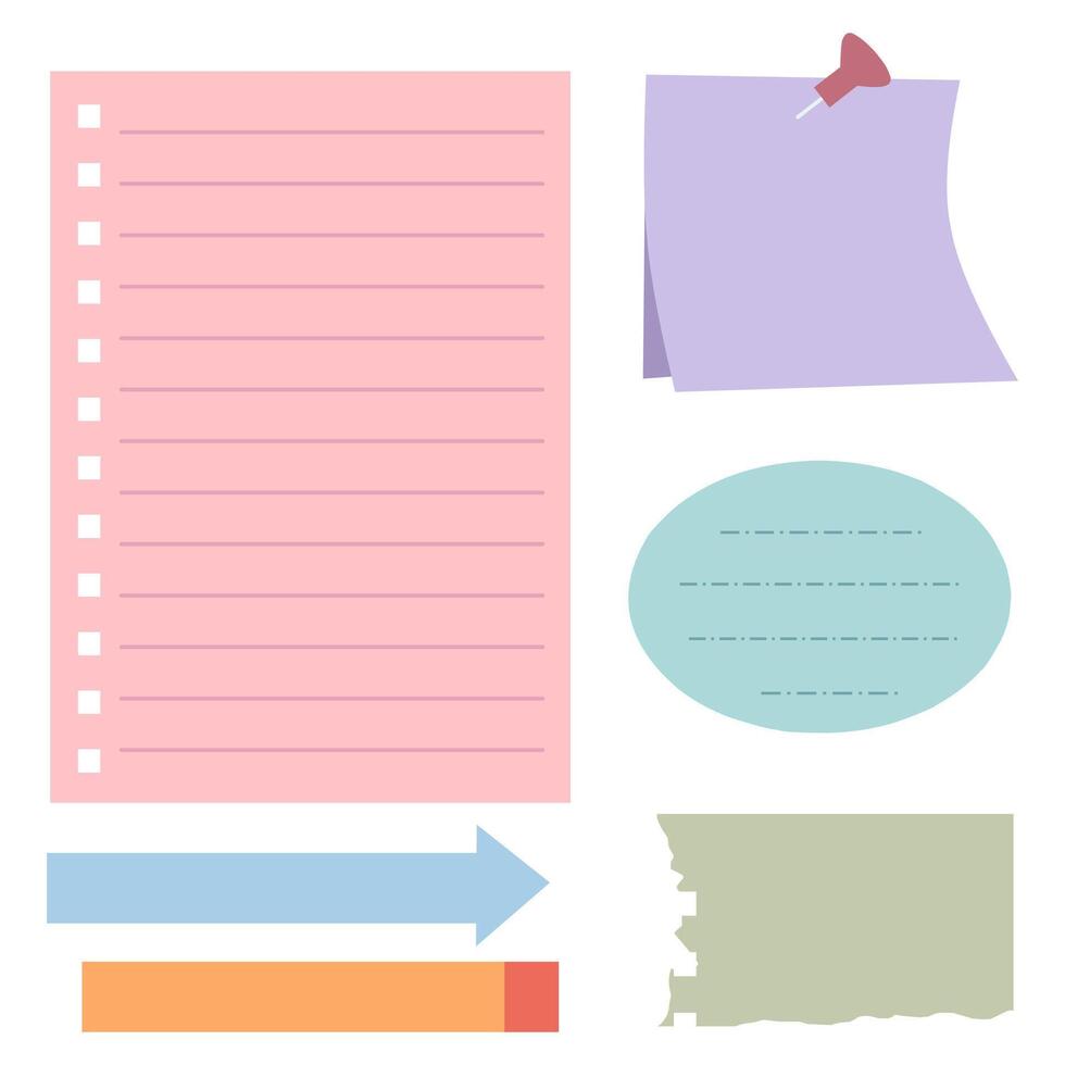 Blank notebook page template design. Sticky note, paper sheets with pin and torn paper for memo, reminder, to do list and information. vector