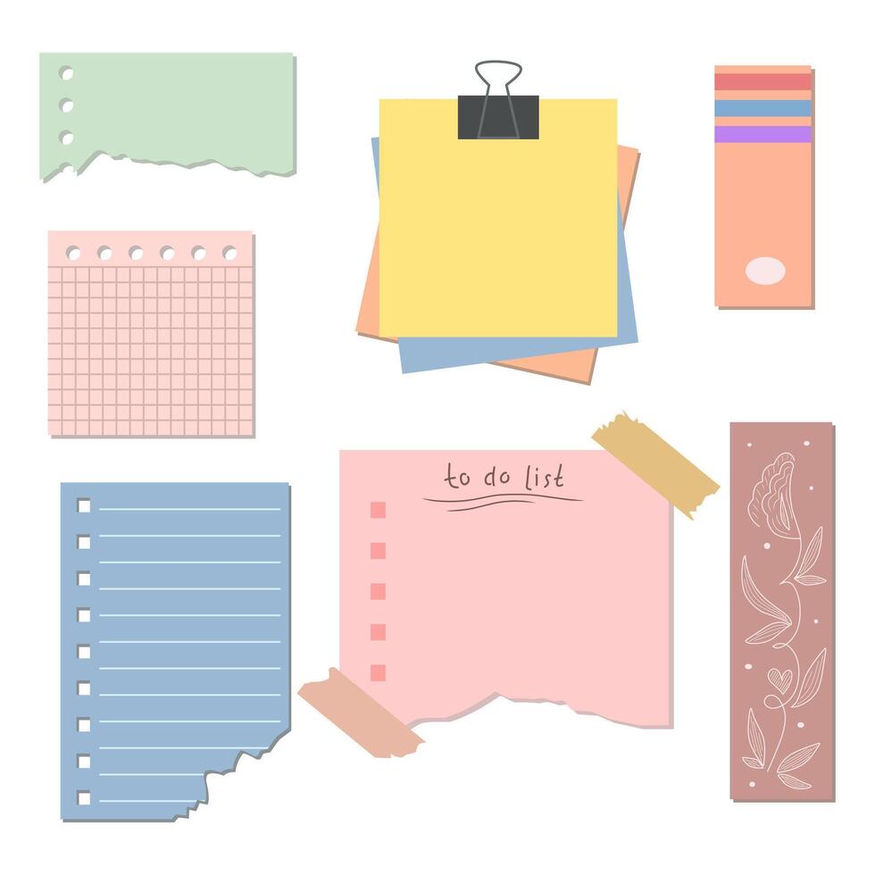 Blank notebook page template design. Sticky note, paper sheets with pin and torn paper for memo, reminder, to do list and information. vector