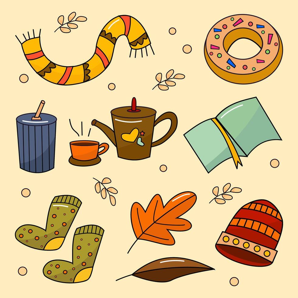 Autumnal set clip art elements including scarf, book, donuts, leaf, coffee, and others for postcard, poster, invitation, or sticker. vector