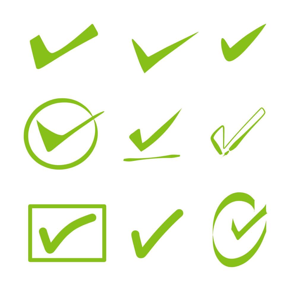 check mark icon set, green approval check symbol isolated. vector