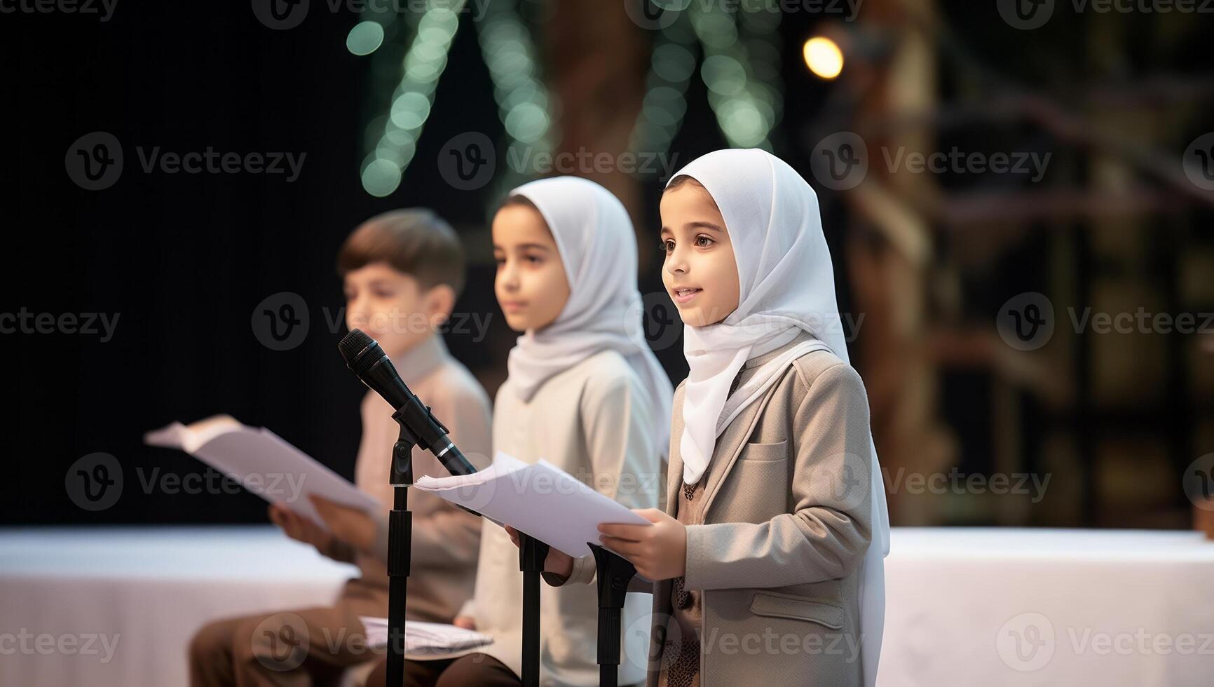 Closeup of Muslim children in elegant attire reciting the Quran, showcasing their devotion and cultural heritage..Generated image photo