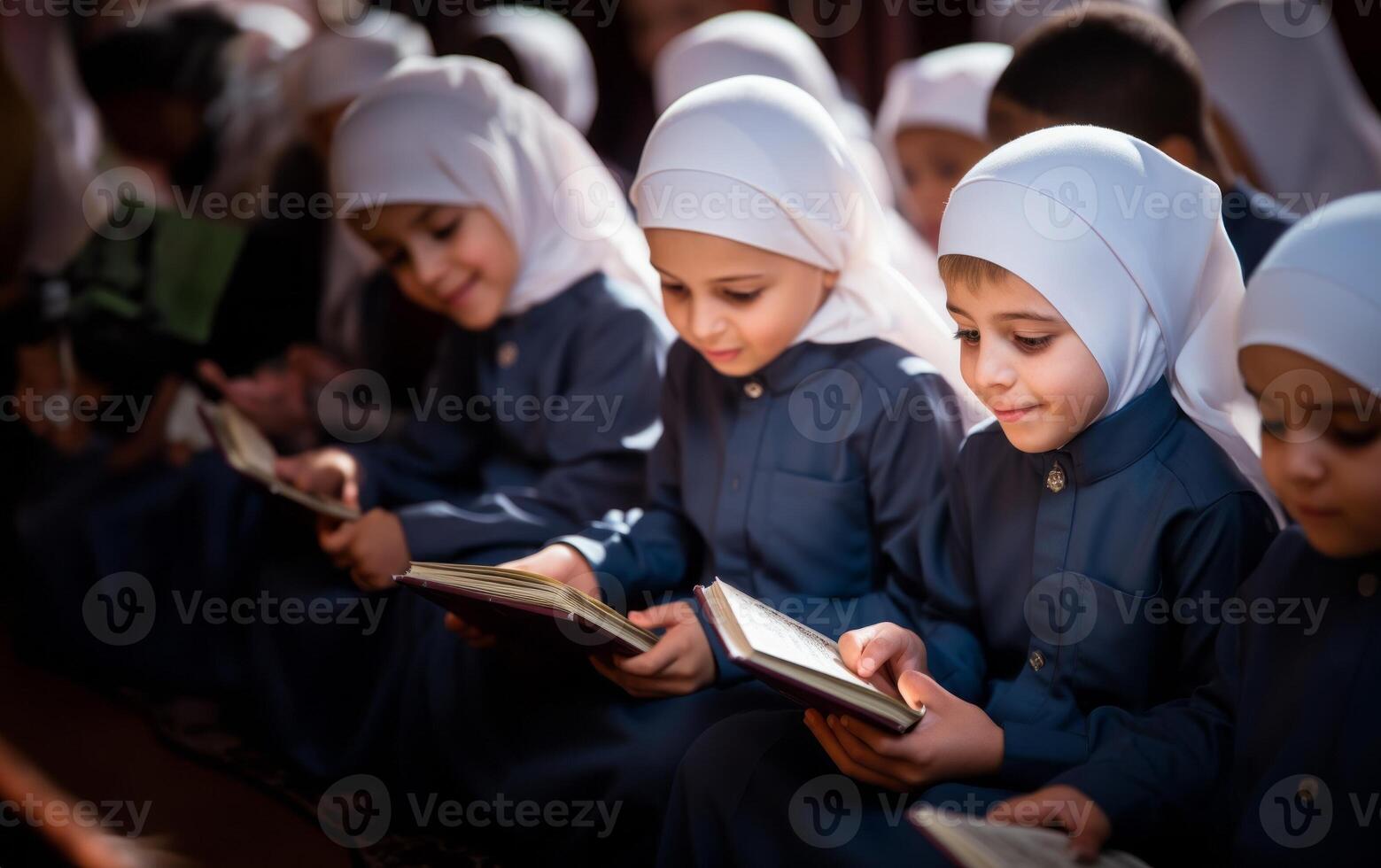 Closeup of Muslim children in elegant attire reciting the Quran, showcasing their devotion and cultural heritage..Generated image photo
