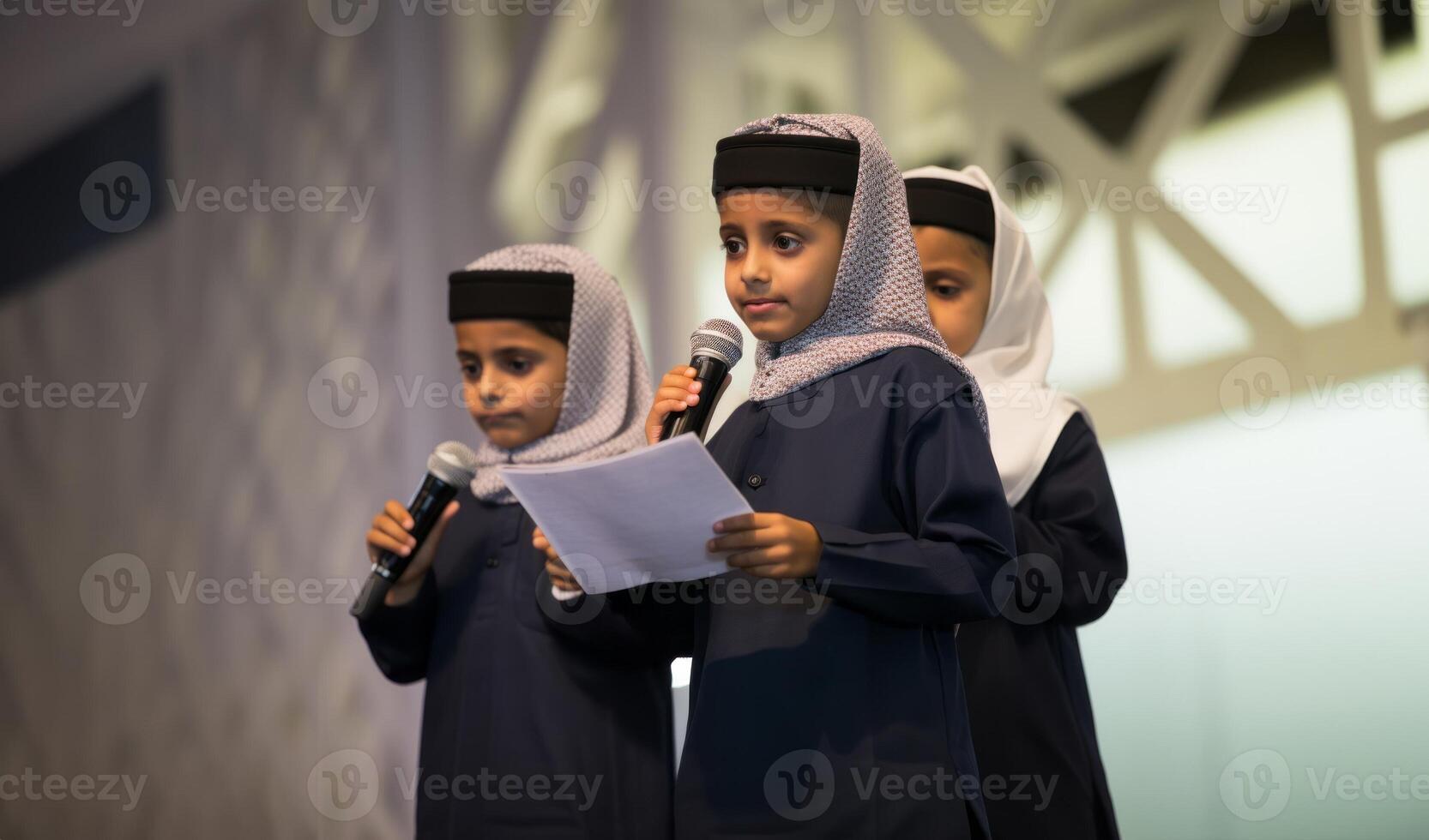 Closeup of Muslim children in elegant attire reciting the Quran, showcasing their devotion and cultural heritage..Generated image photo