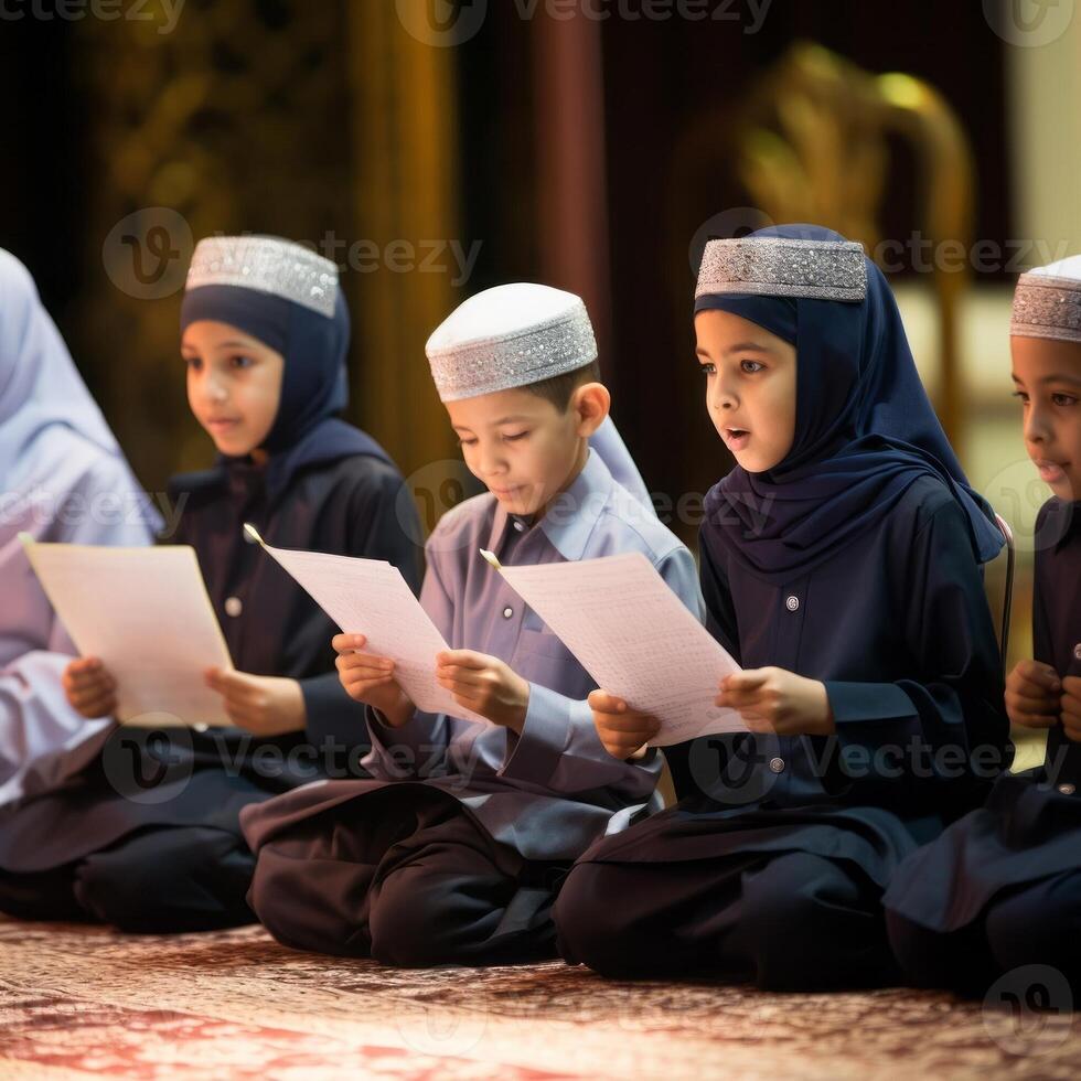 Closeup of Muslim children in elegant attire reciting the Quran, showcasing their devotion and cultural heritage..Generated image photo