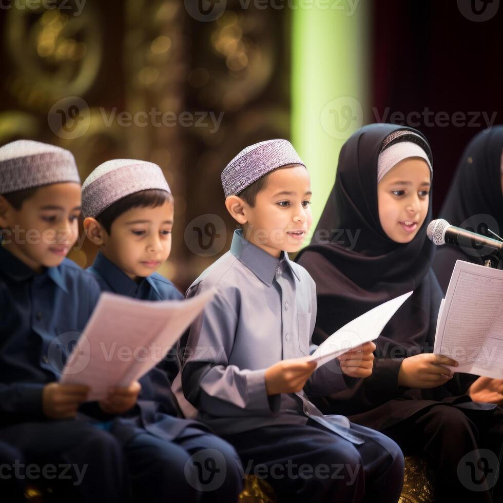 Closeup of Muslim children in elegant attire reciting the Quran, showcasing their devotion and cultural heritage..Generated image photo
