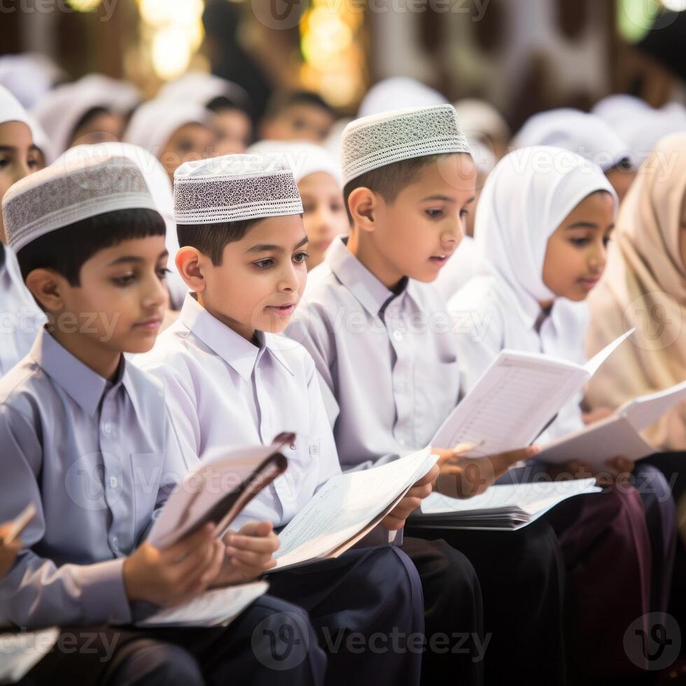Closeup of Muslim children in elegant attire reciting the Quran, showcasing their devotion and cultural heritage..Generated image photo