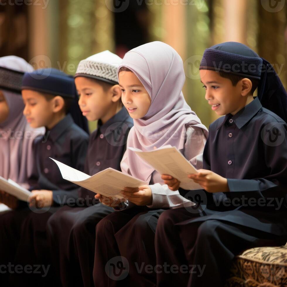 Closeup of Muslim children in elegant attire reciting the Quran, showcasing their devotion and cultural heritage..Generated image photo