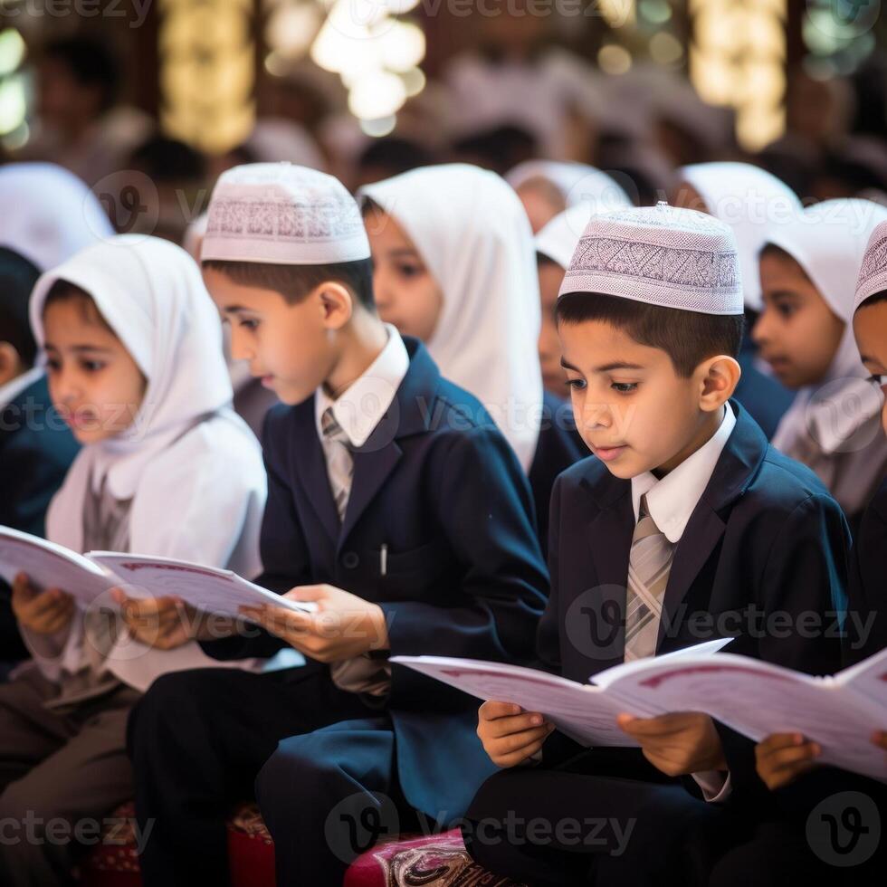 Closeup of Muslim children in elegant attire reciting the Quran, showcasing their devotion and cultural heritage..Generated image photo