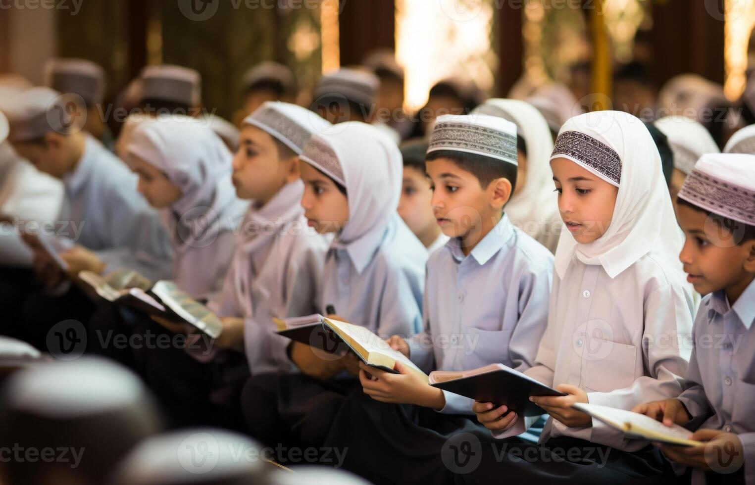 Closeup of Muslim children in elegant attire reciting the Quran, showcasing their devotion and cultural heritage..Generated image photo