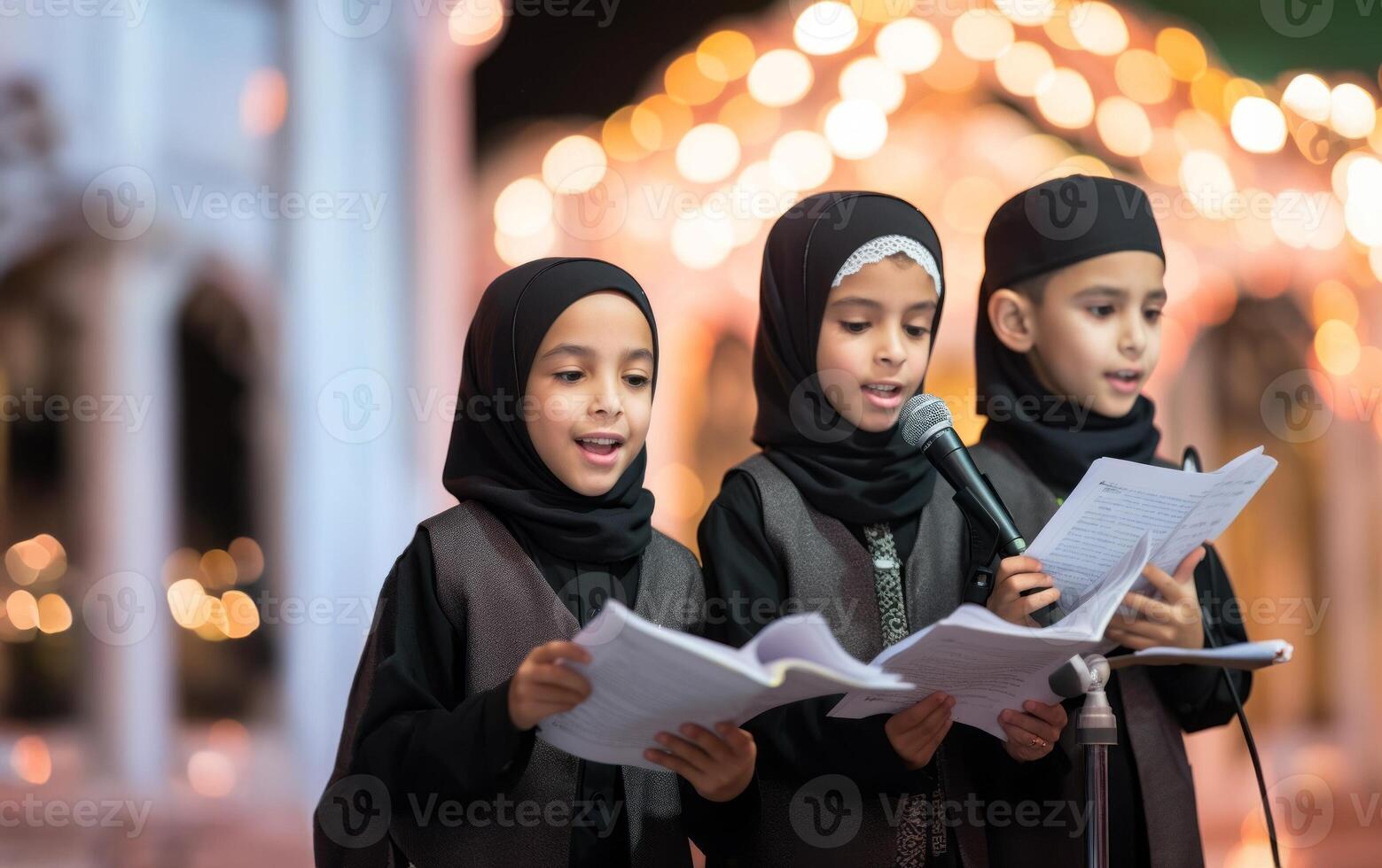 Closeup of Muslim children in elegant attire reciting the Quran, showcasing their devotion and cultural heritage..Generated image photo