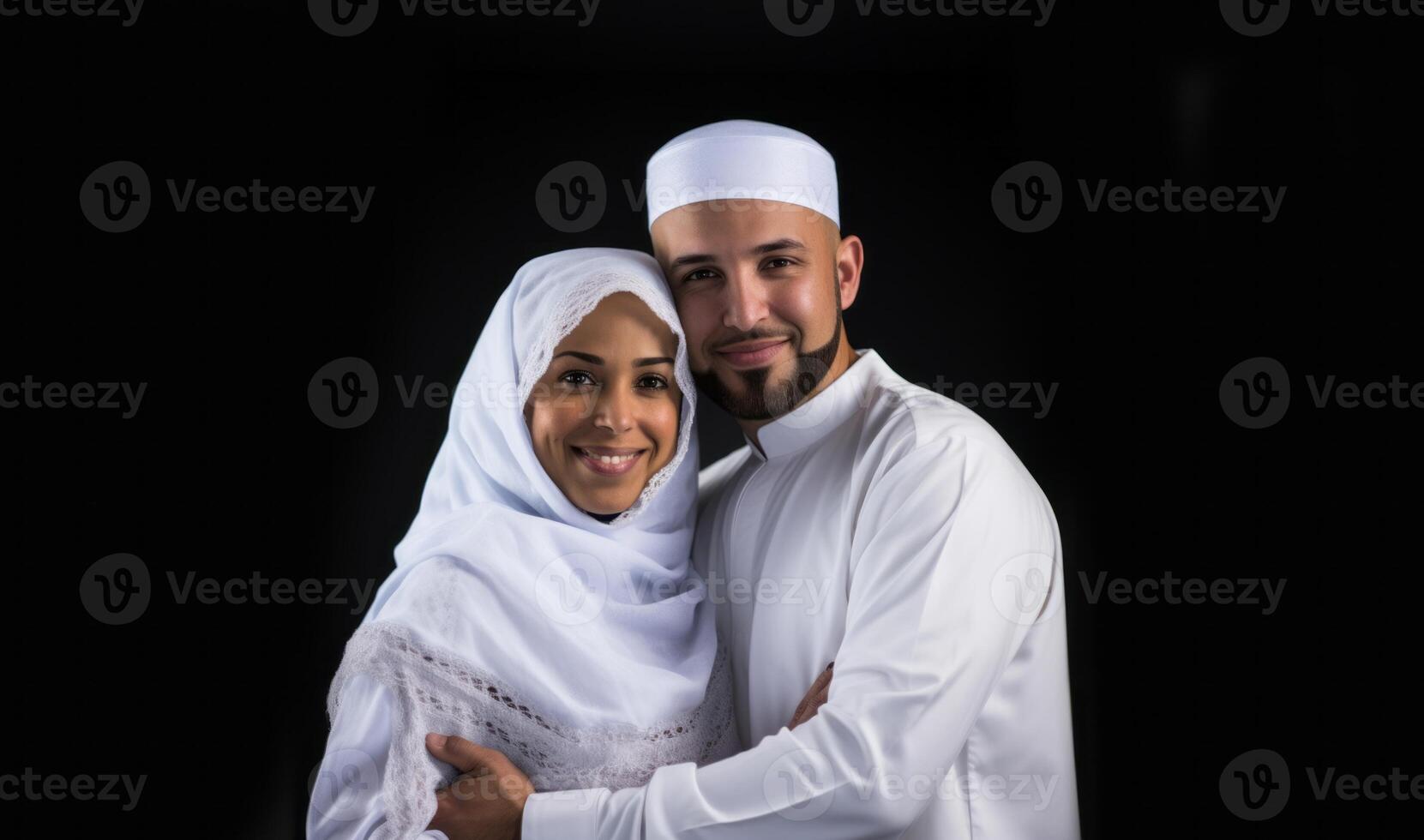 Portrait of a Muslim couple in white Ihram garments at a sacred site, reflecting their devotion and unity during pilgrimage.Generated image photo