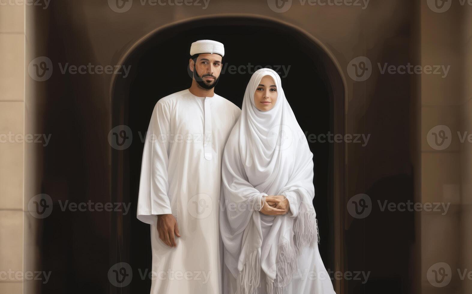 Portrait of a Muslim couple in white Ihram garments at a sacred site, reflecting their devotion and unity during pilgrimage.Generated image photo