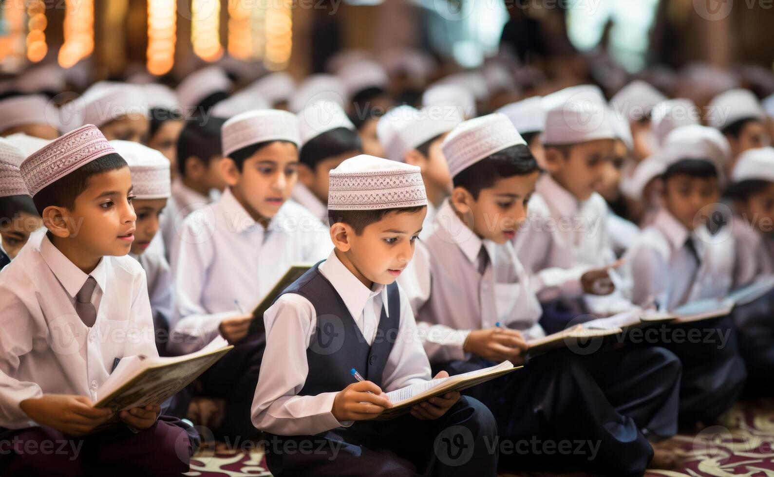 Closeup of Muslim children in elegant attire reciting the Quran, showcasing their devotion and cultural heritage..Generated image photo