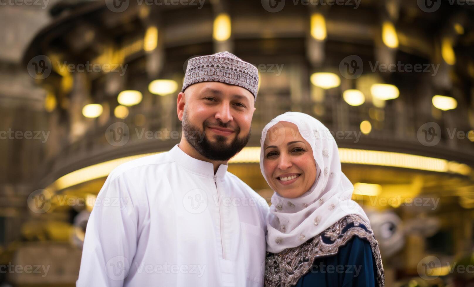 Portrait of a Muslim couple in white Ihram garments at a sacred site, reflecting their devotion and unity during pilgrimage.Generated image photo