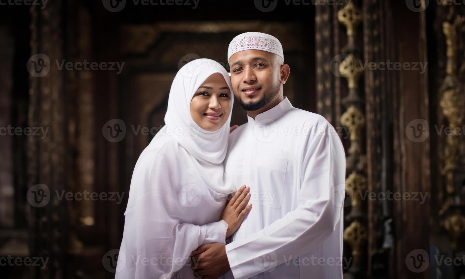 Portrait of a Muslim couple in white Ihram garments at a sacred site, reflecting their devotion and unity during pilgrimage.Generated image photo