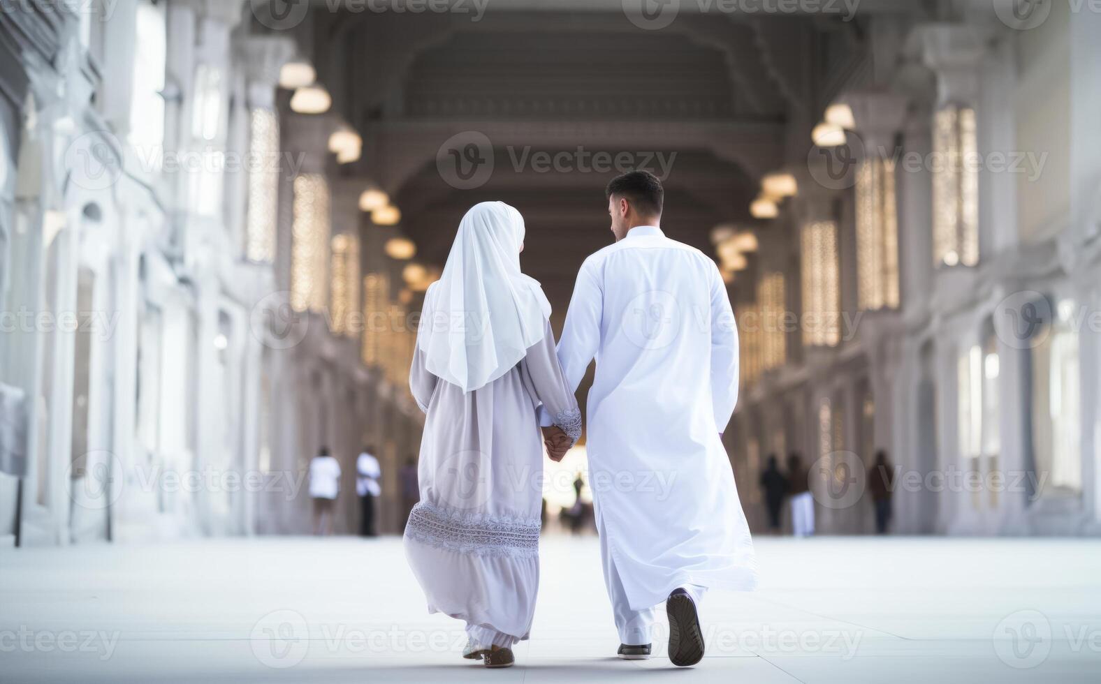 Portrait of a Muslim couple in white Ihram garments at a sacred site, reflecting their devotion and unity during pilgrimage.Generated image photo