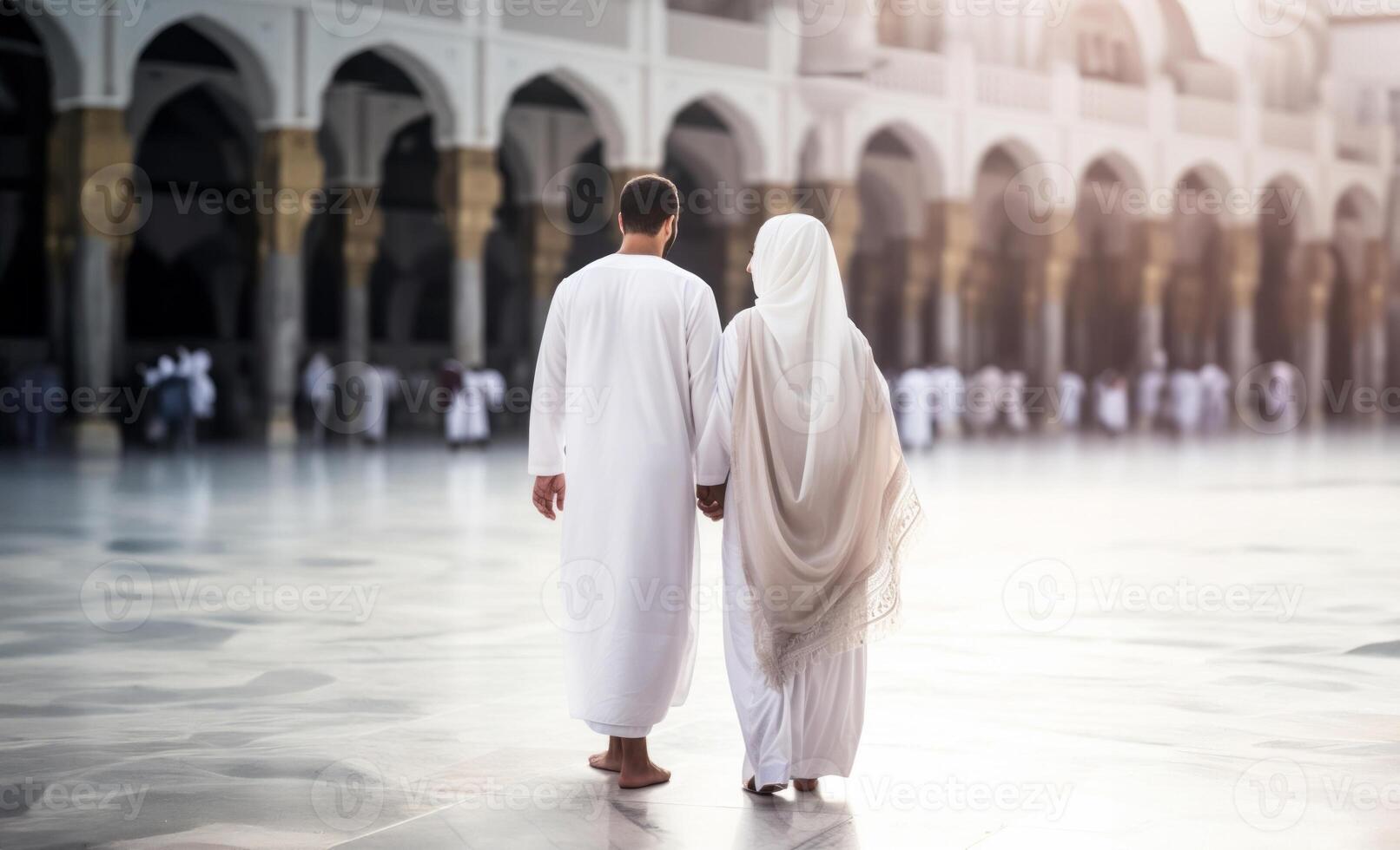 Portrait of a Muslim couple in white Ihram garments at a sacred site, reflecting their devotion and unity during pilgrimage.Generated image photo