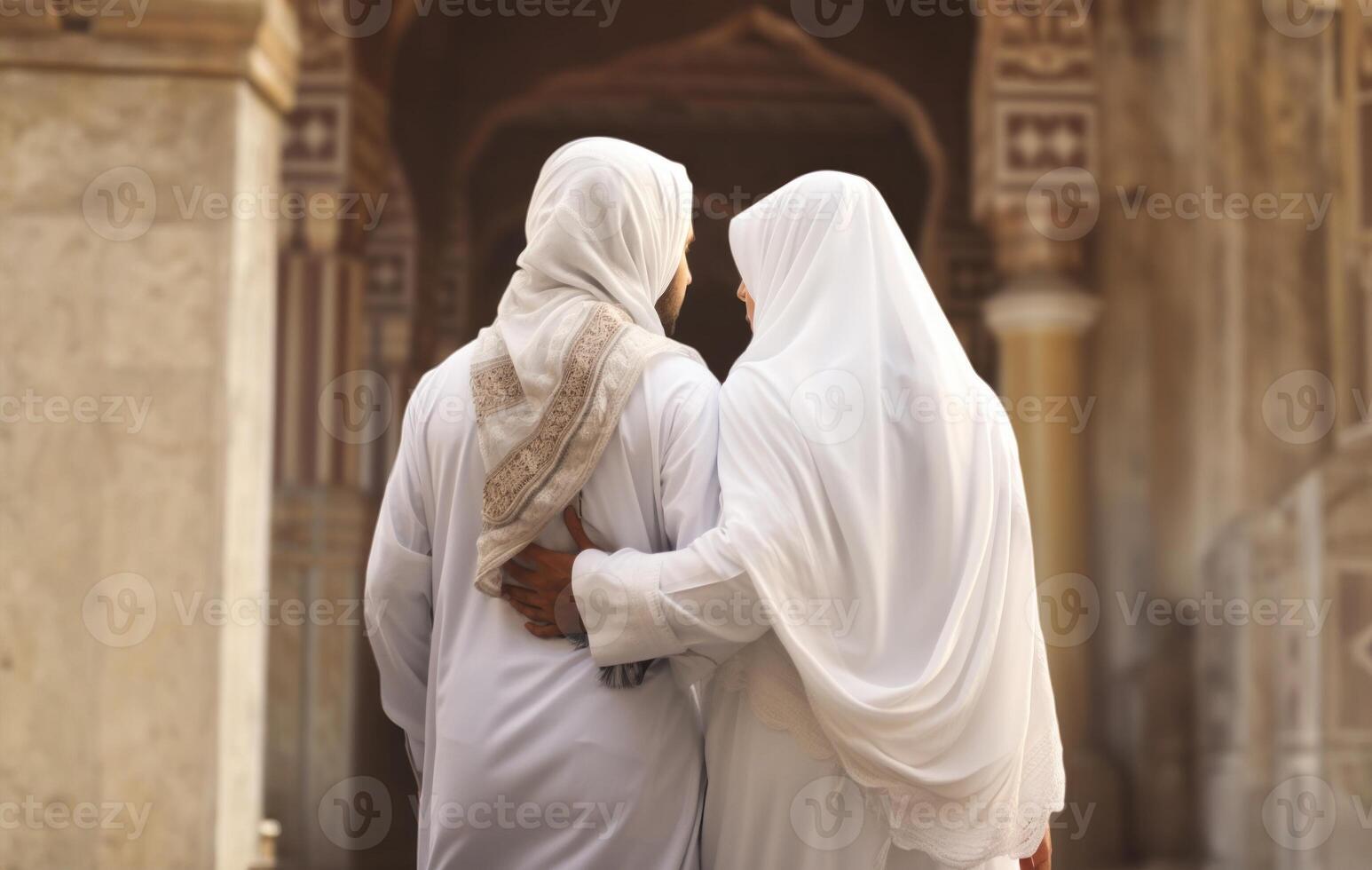 Portrait of a Muslim couple in white Ihram garments at a sacred site, reflecting their devotion and unity during pilgrimage.Generated image photo