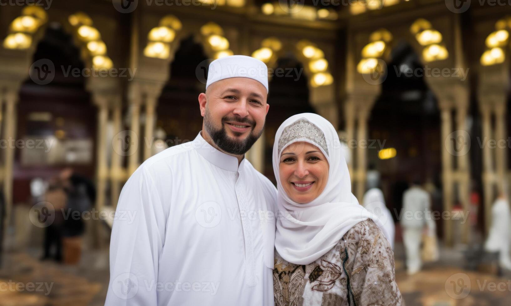 Portrait of a Muslim couple in white Ihram garments at a sacred site, reflecting their devotion and unity during pilgrimage.Generated image photo