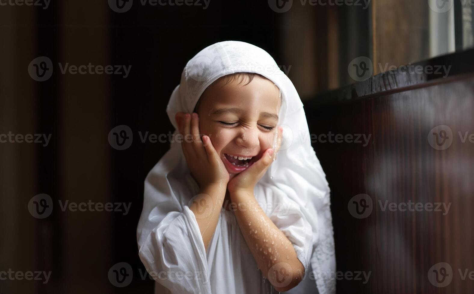 CloseUp of a Young Muslim Child Performing Ablution.Generated image photo