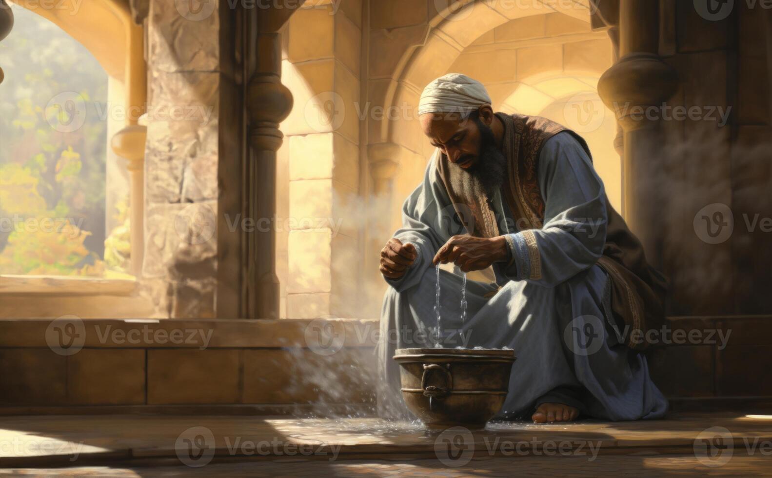 Muslim Individual Performing Ablution in Preparation for Prayer.Generated image photo