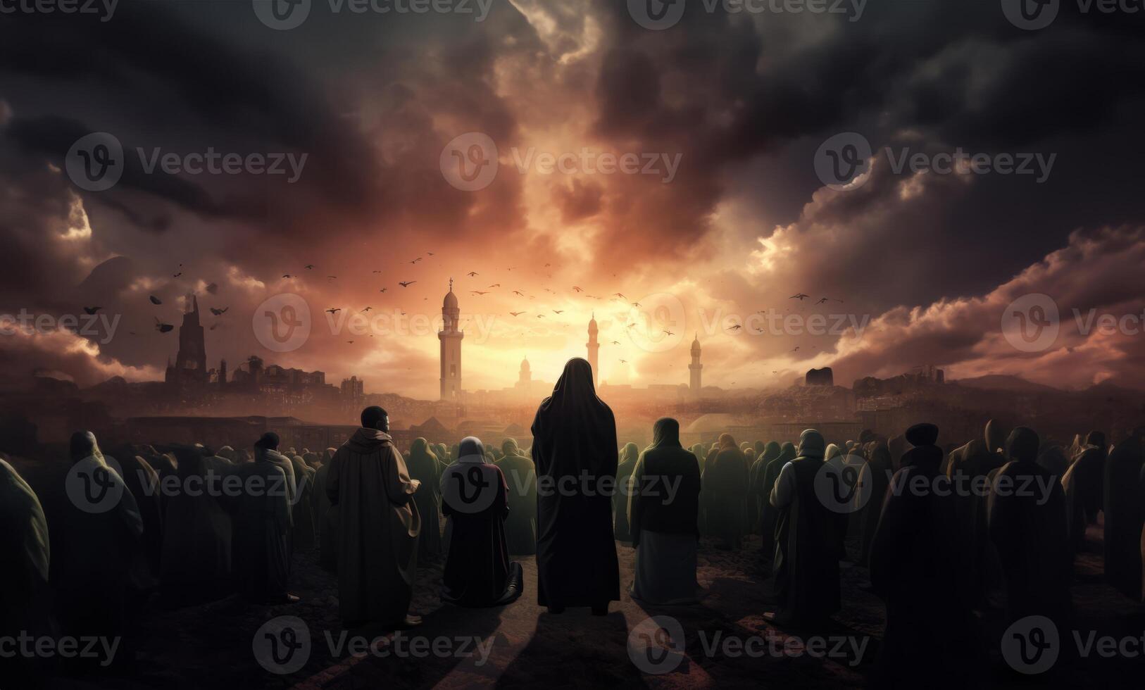 Muslims Performing Prayer at a Sacred Holy Site.Generated image photo