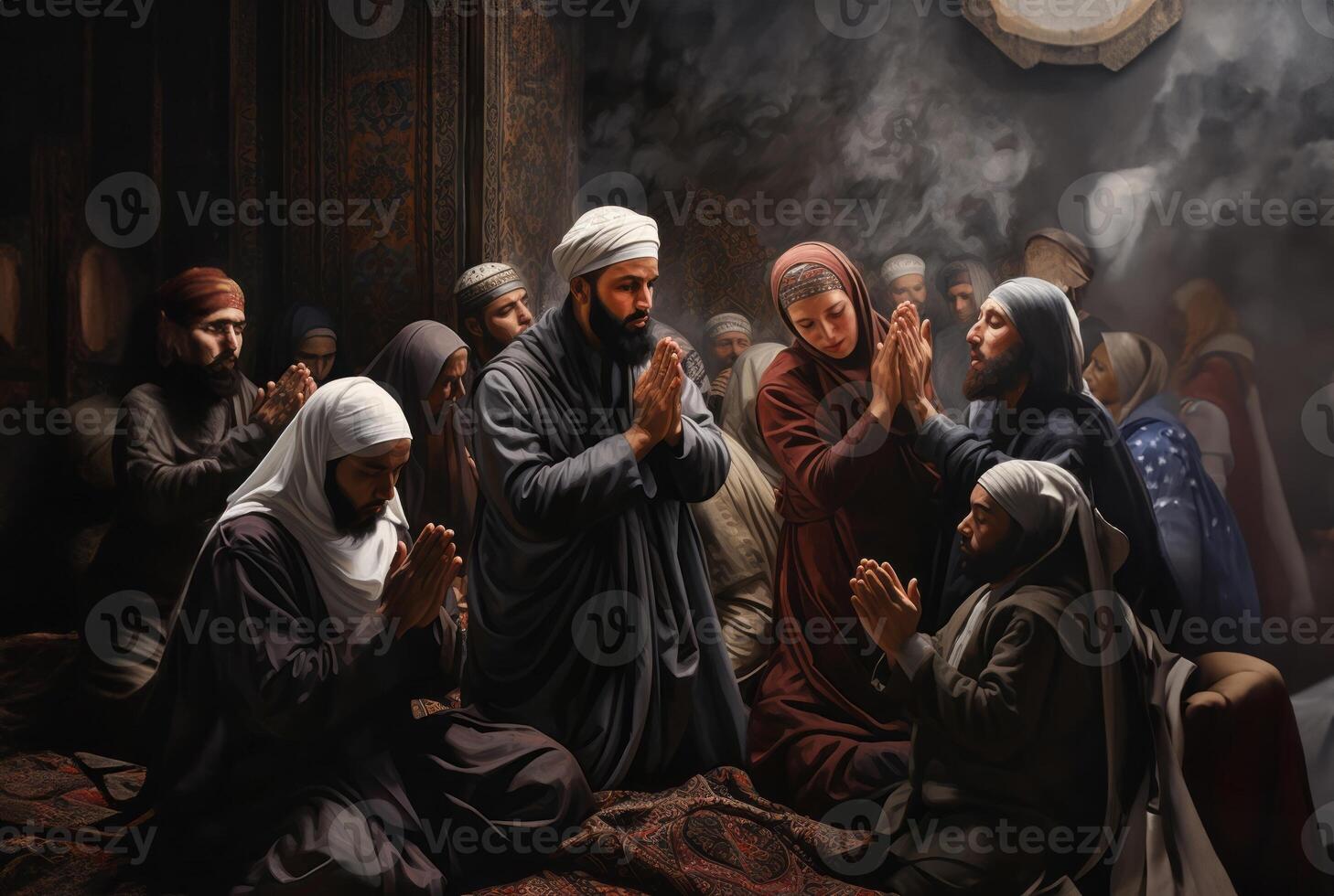 Muslims Performing Prayer at a Sacred Holy Site.Generated image photo