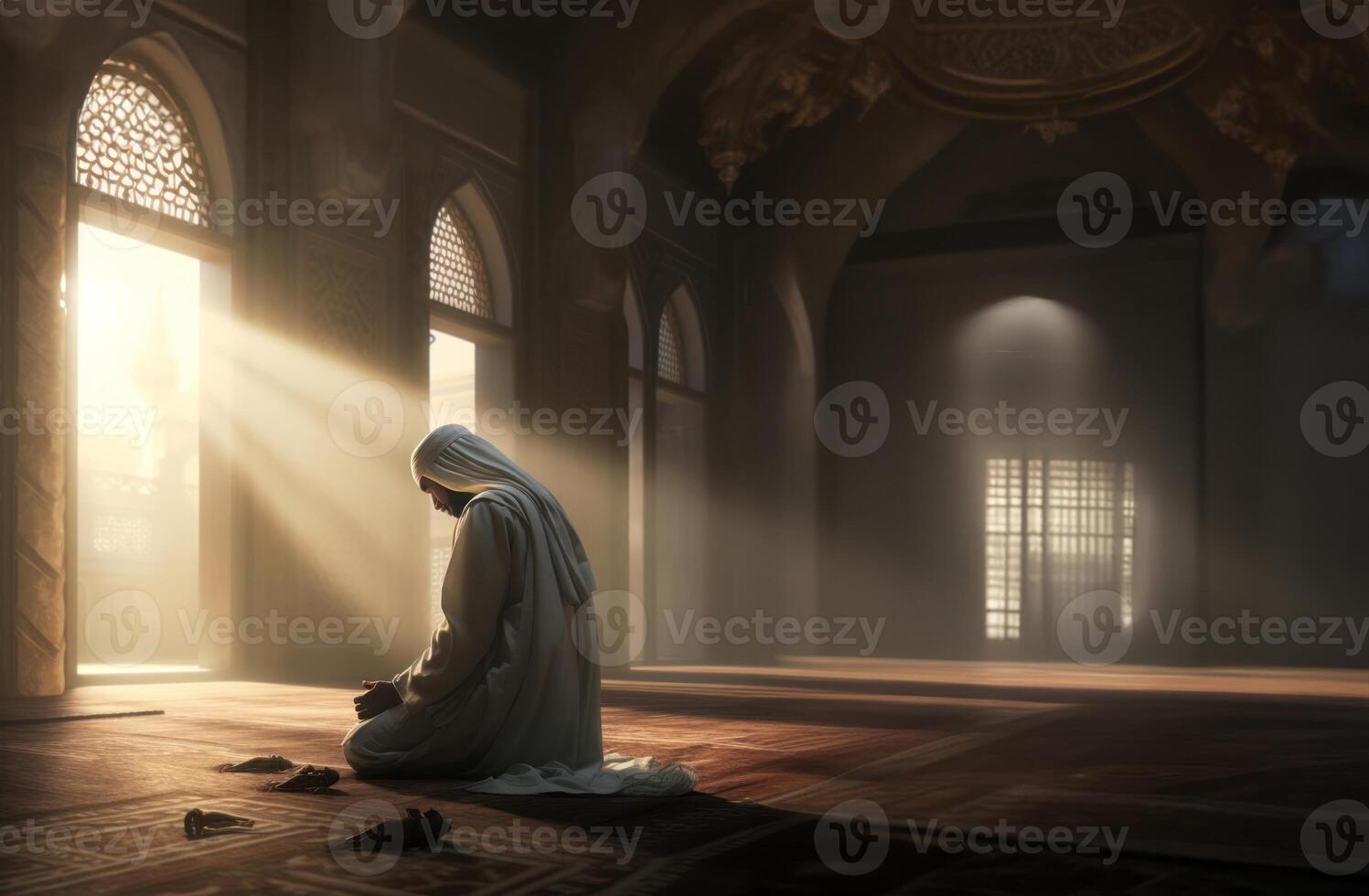 Islamic Woman in Prayer with Hands Raised to the Sky..Generated image photo