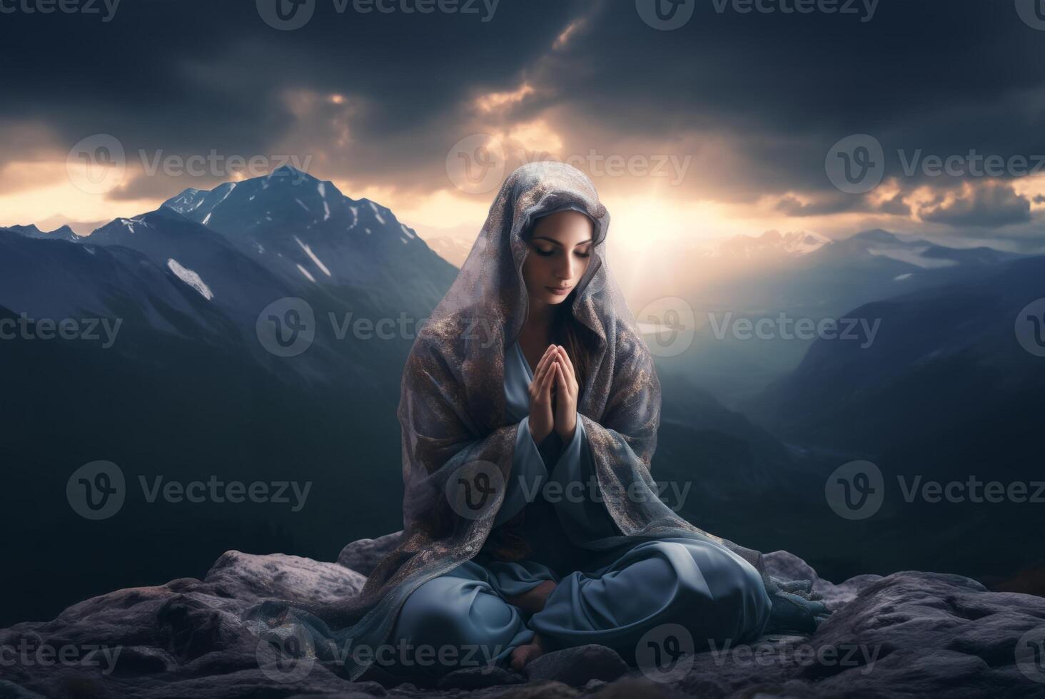 Islamic Woman in Prayer with Hands Raised to the Sky..Generated image photo