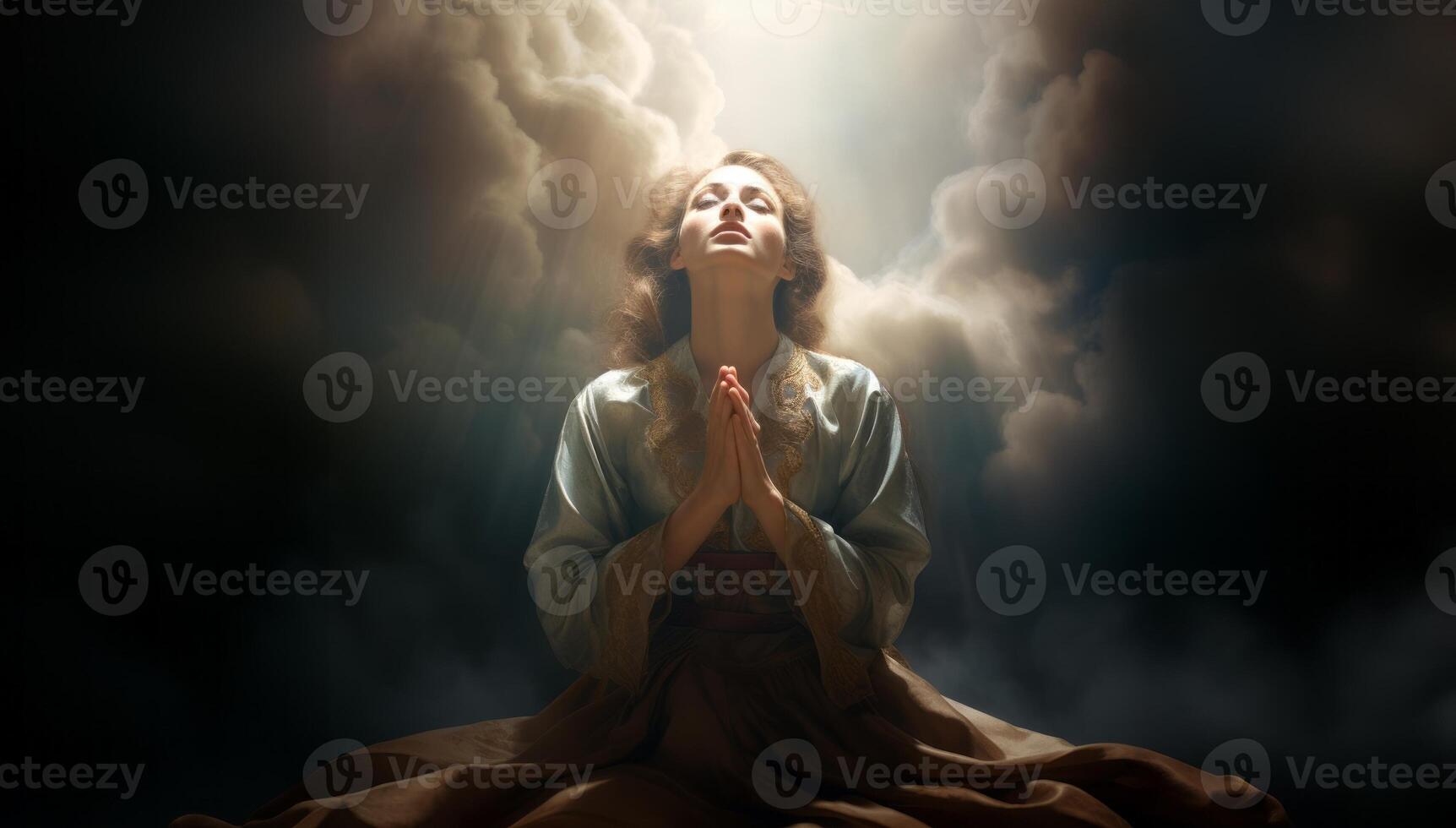 Person Praying to God and Gazing at the Sky Amidst Clouds..Generated image photo