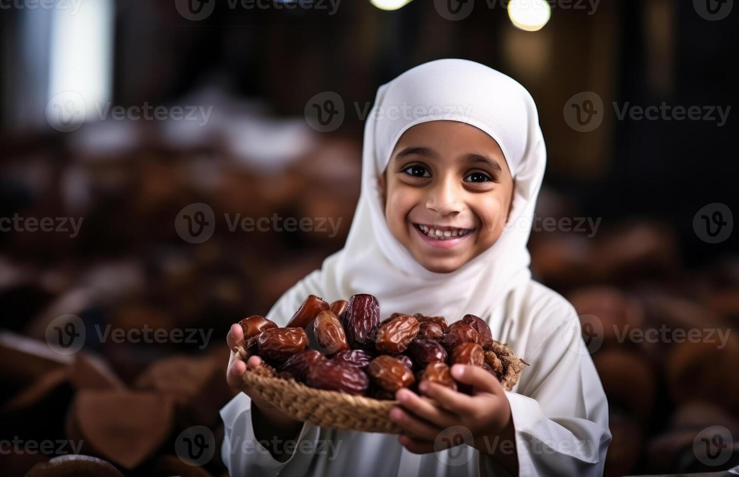 Portrait of Islamic children holding dates in their hands, symbolizing faith and tradition..Generated image photo