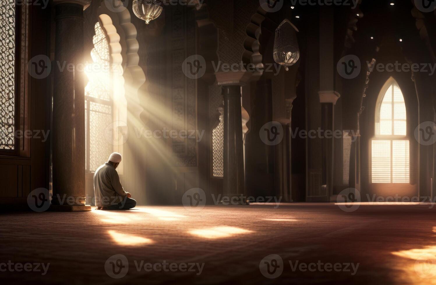 Devout Muslim Engaged in Prayer Inside a Serene Mosque.Generated image photo