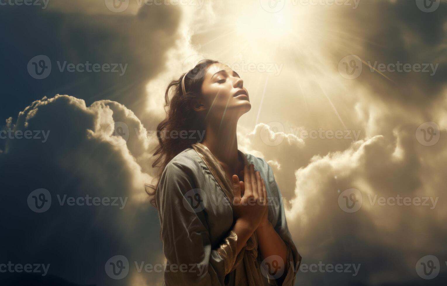 Person Praying to God and Gazing at the Sky Amidst Clouds..Generated image photo