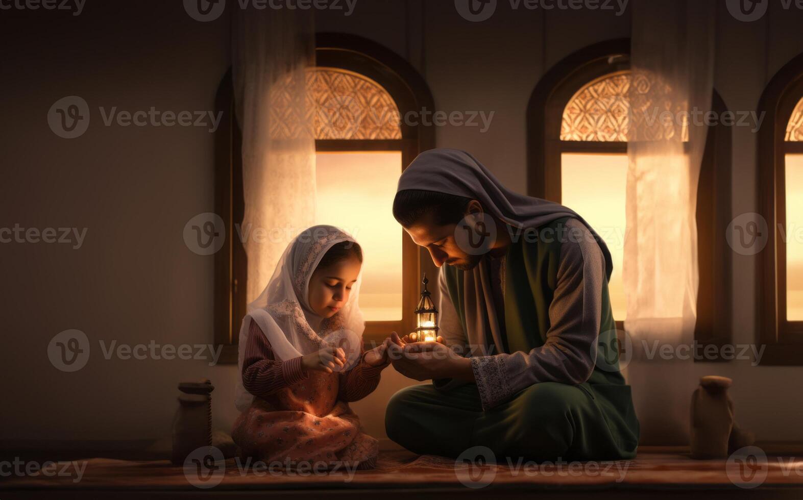 Muslim Family Reading the Quran Together in Preparation for Prayer..Generated image photo