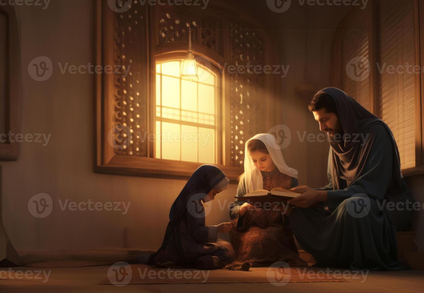 Muslim Family Reading the Quran Together in Preparation for Prayer..Generated image photo