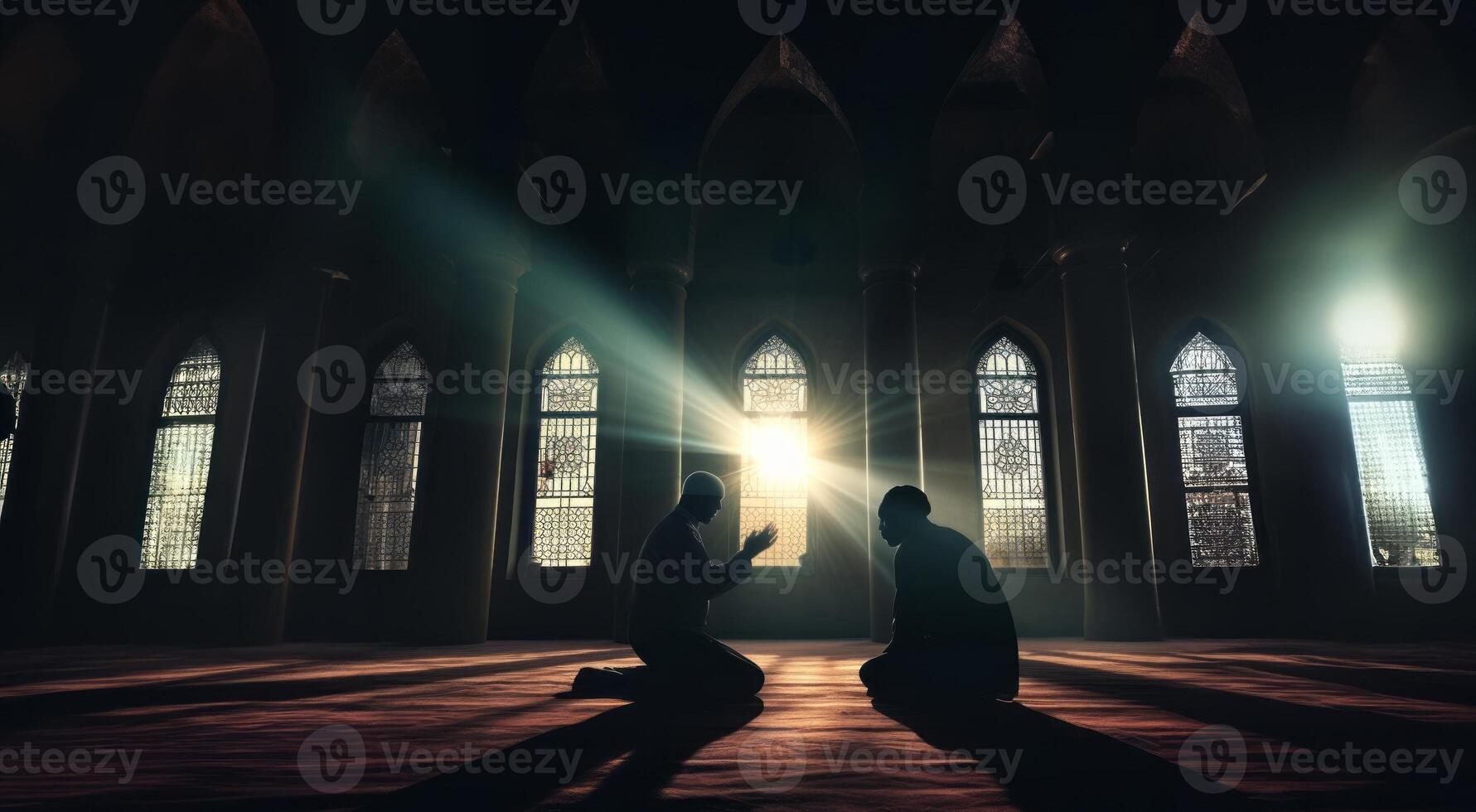 Silhouettes of a Muslim man and woman praying at a sacred site, bathed in the golden light of sunrise and sunset.Generated image photo