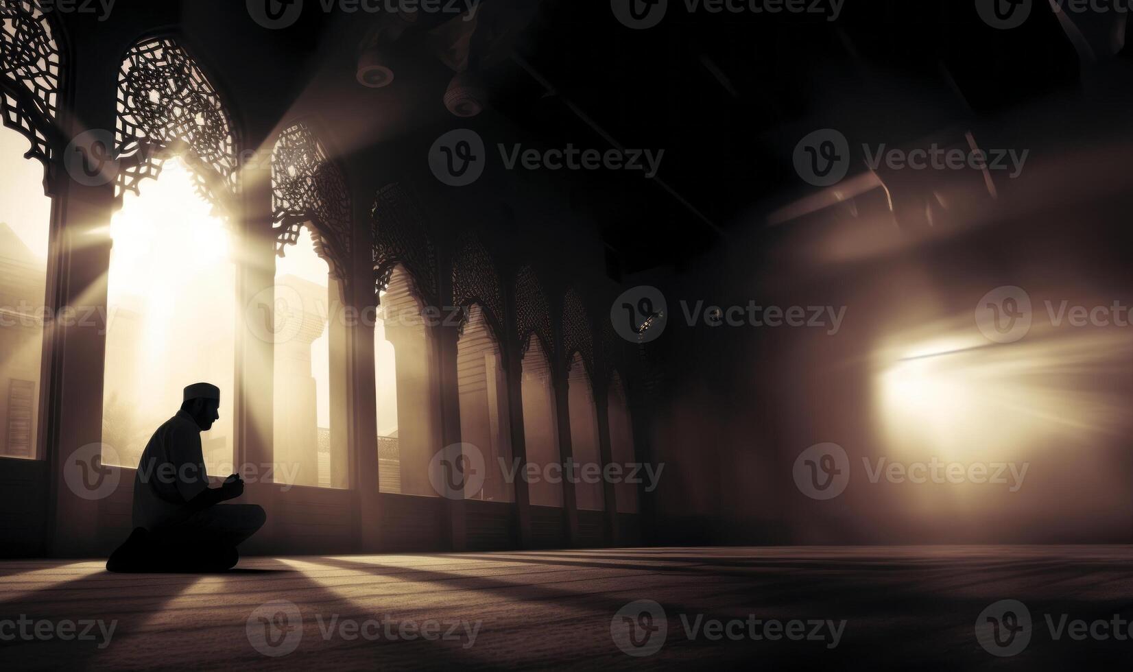 Silhouettes of a Muslim man and woman praying at a sacred site, bathed in the golden light of sunrise and sunset.Generated image photo