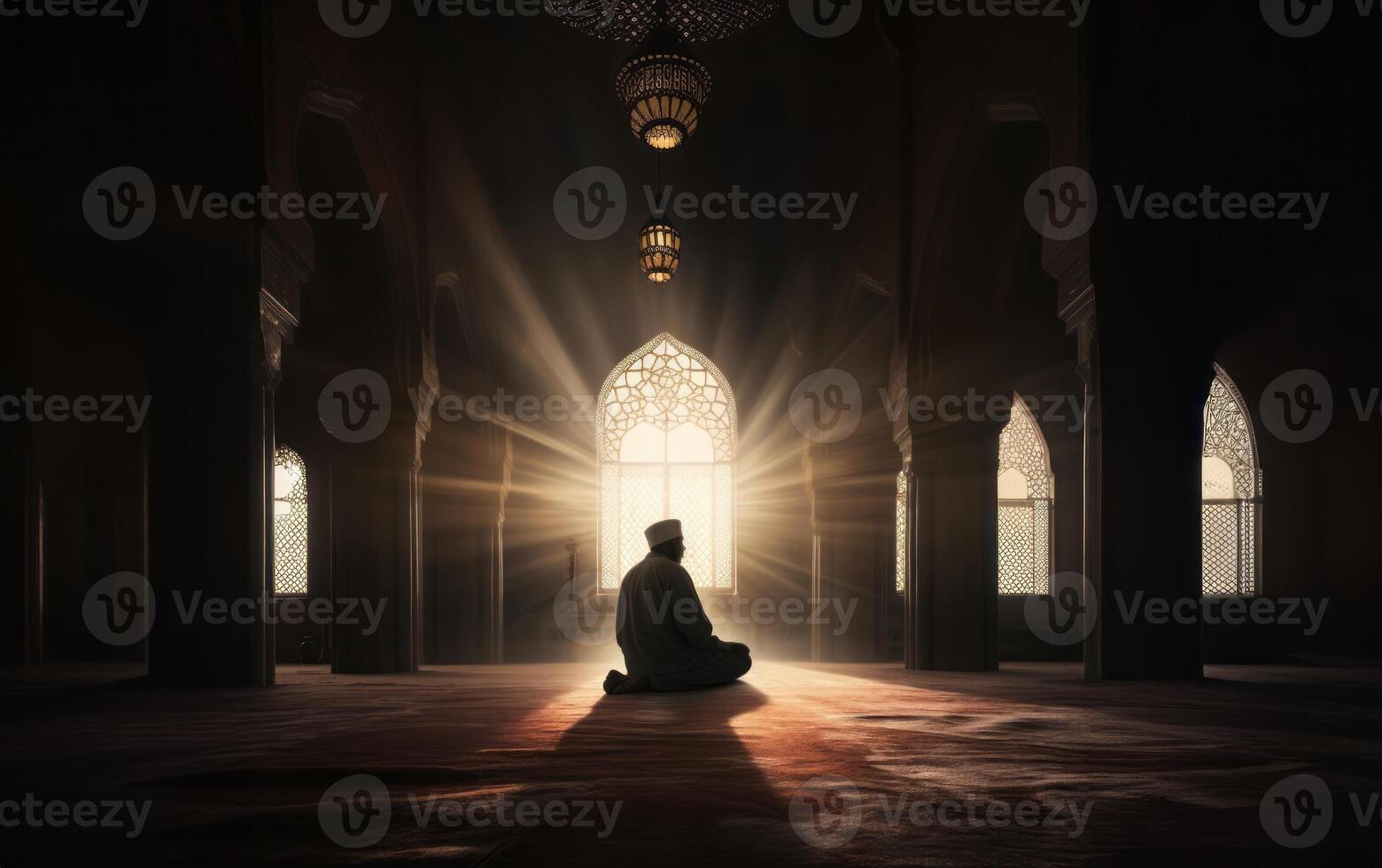 Silhouettes of a Muslim man and woman praying at a sacred site, bathed in the golden light of sunrise and sunset.Generated image photo