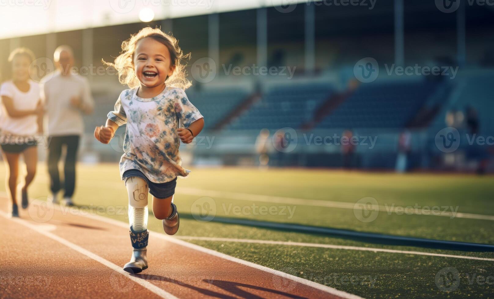 Determined girl with a leg prosthesis sprinting on an athletic track, showcasing her resilience and athleticism..Generated image photo