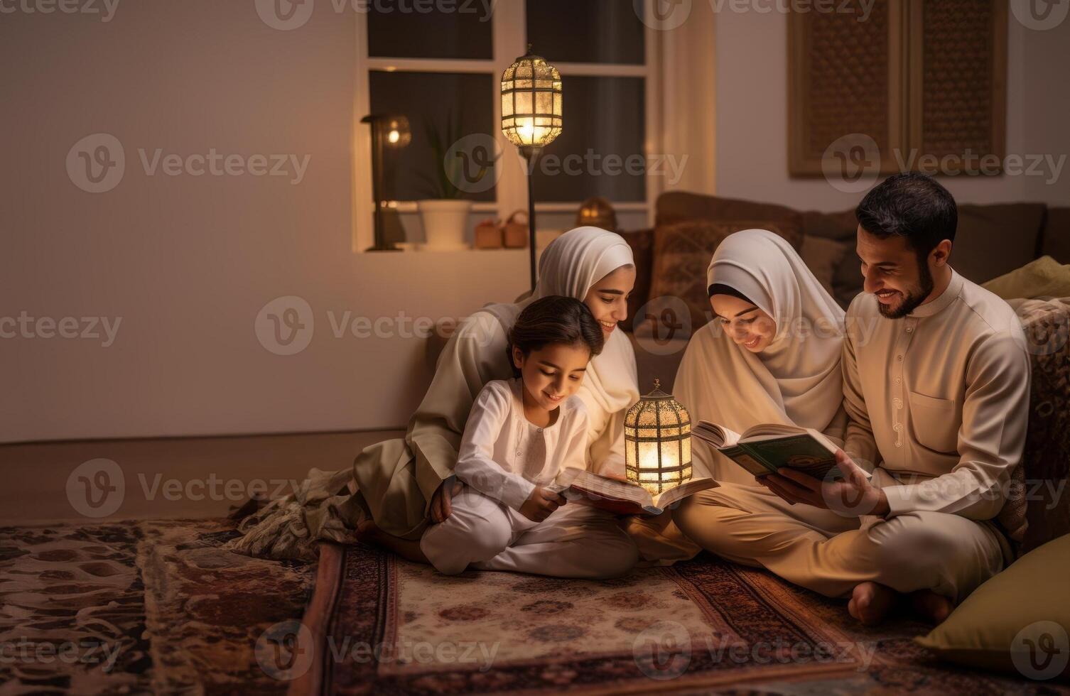 Muslim family gathered at home, reading and learning the Quran together with their children, reflecting their devotion and unity..Generated image photo