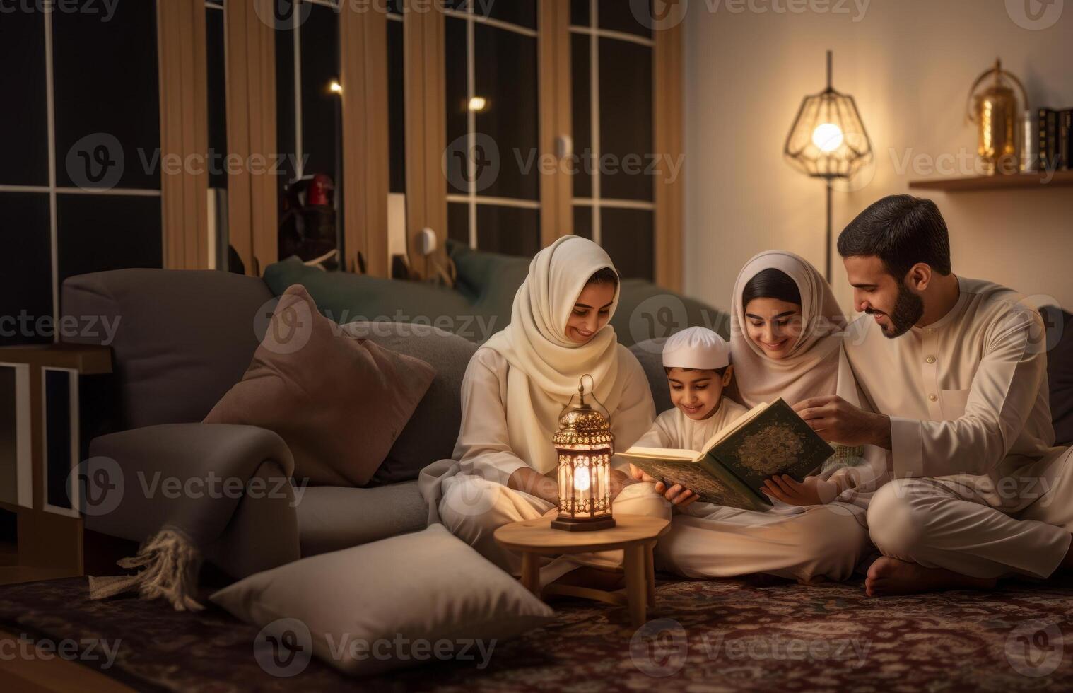 Muslim family gathered at home, reading and learning the Quran together with their children, reflecting their devotion and unity..Generated image photo